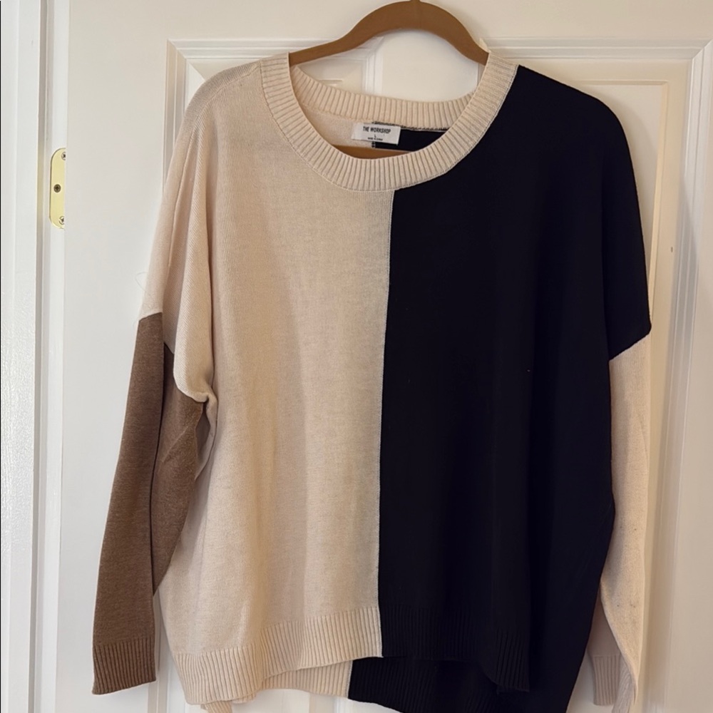 The Workshop Colorblock Sweater in Black, Cream, and Brown